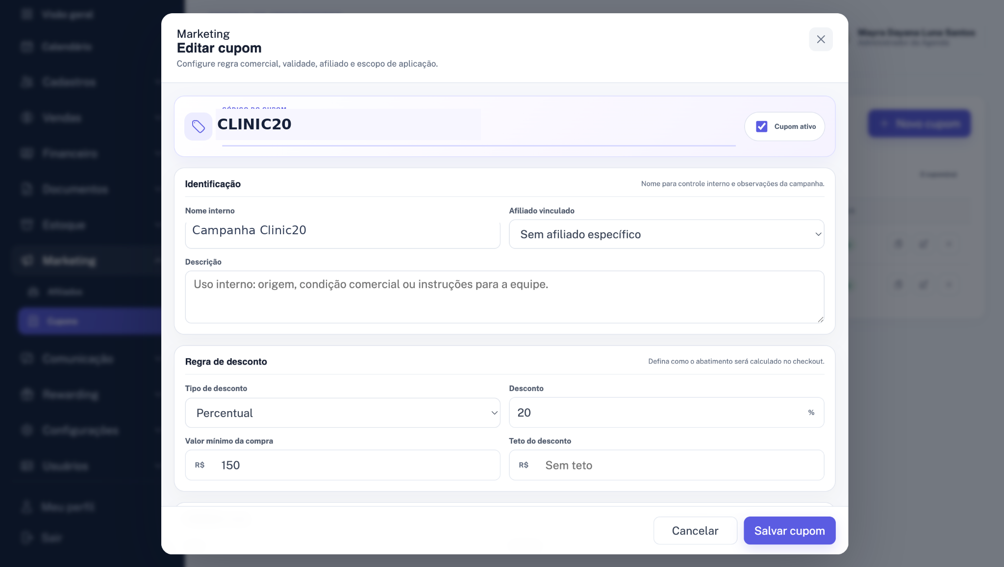 Configuração de cupom e regra de desconto