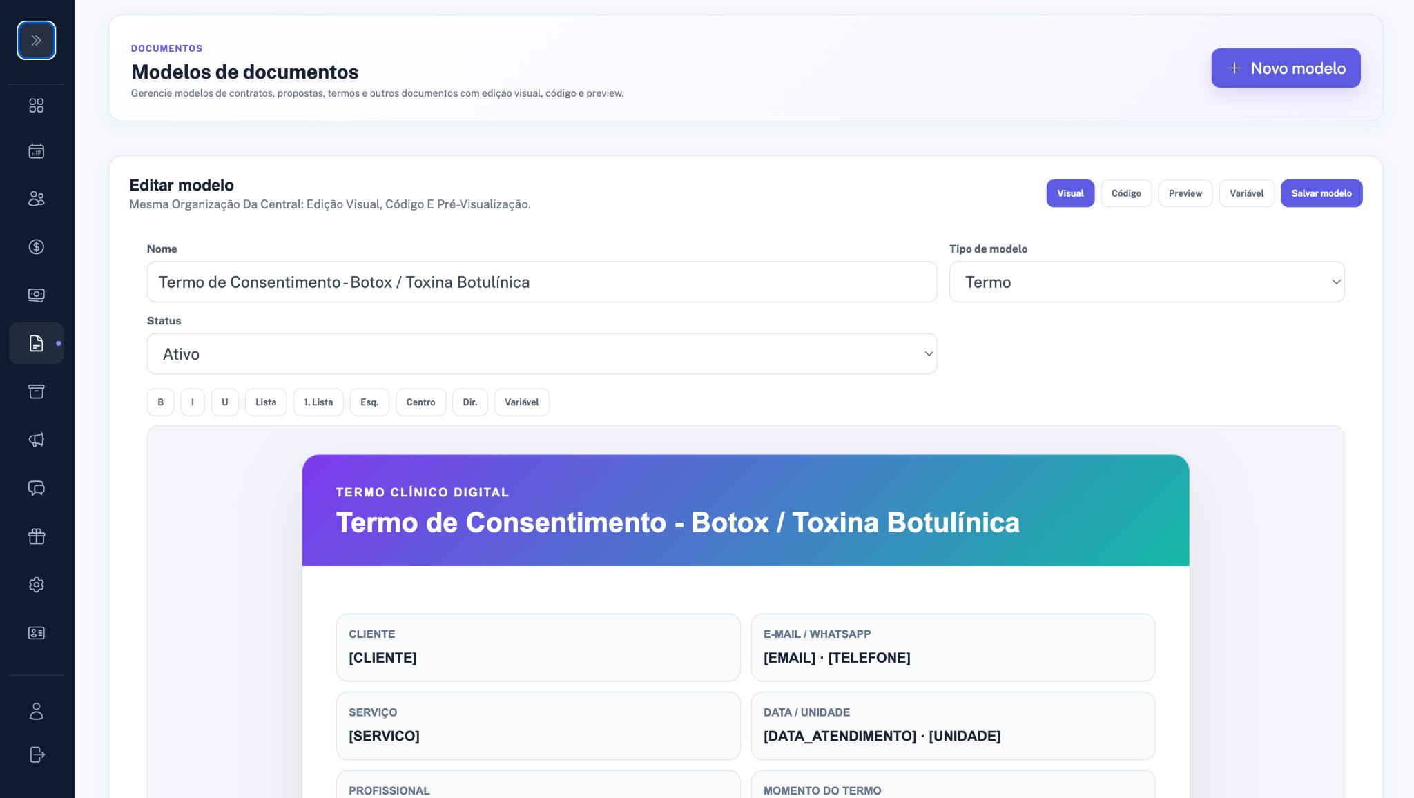 Editor de documentos do ClinicNet