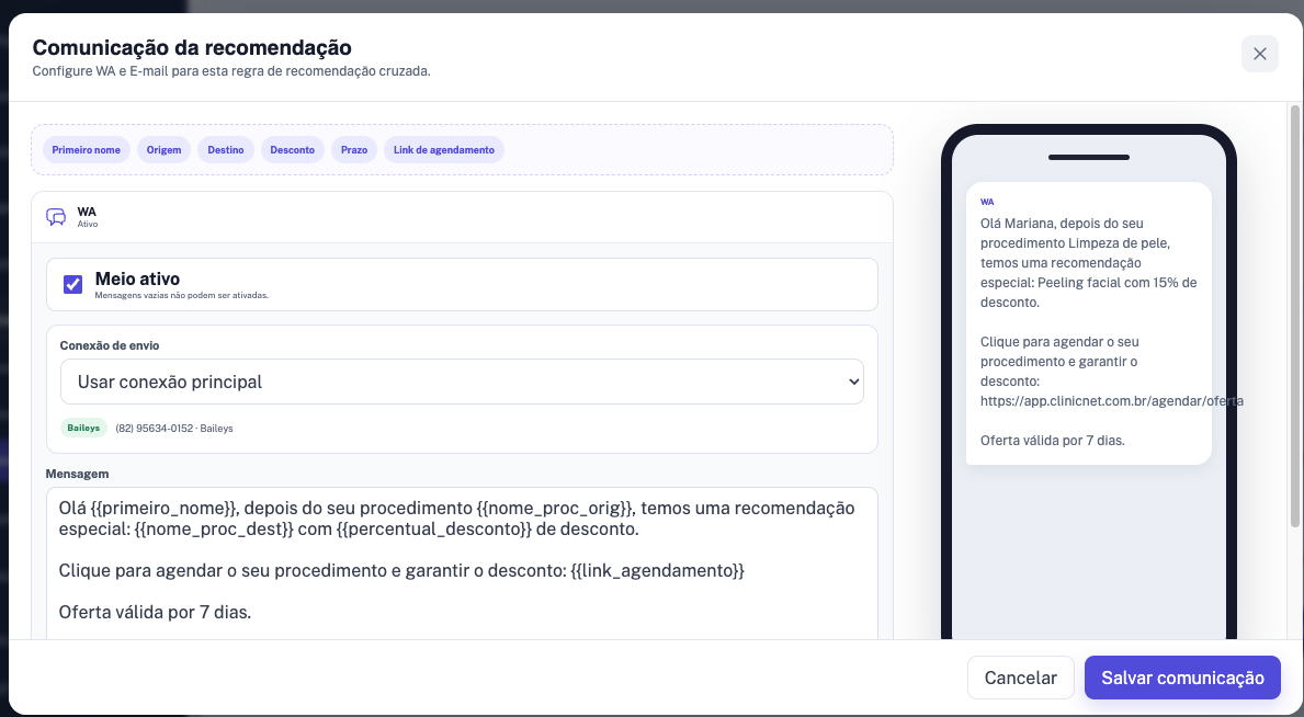 Configuração da comunicação de recomendação cruzada e prévia no WhatsApp