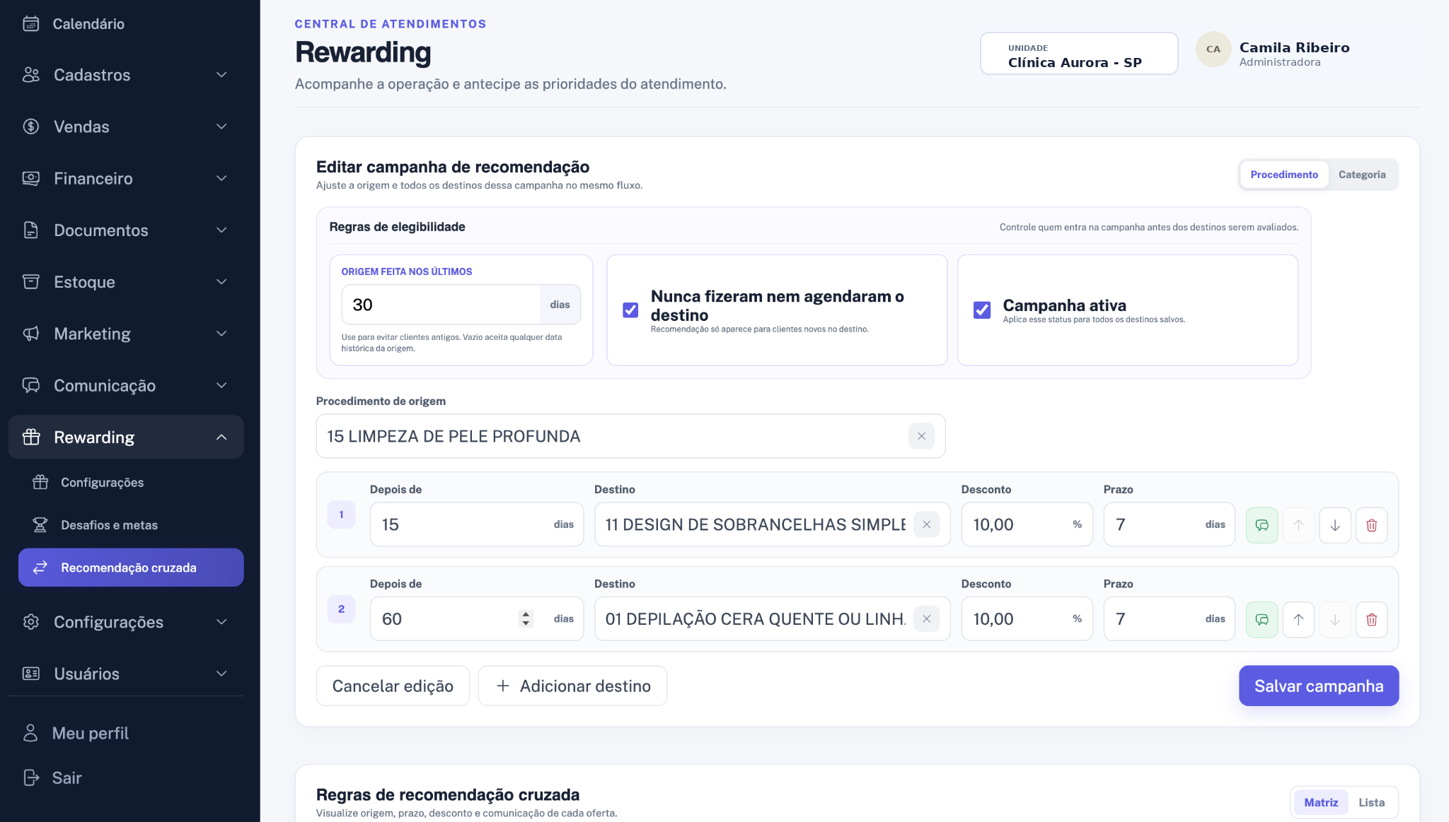Editor de campanha de recomendação cruzada