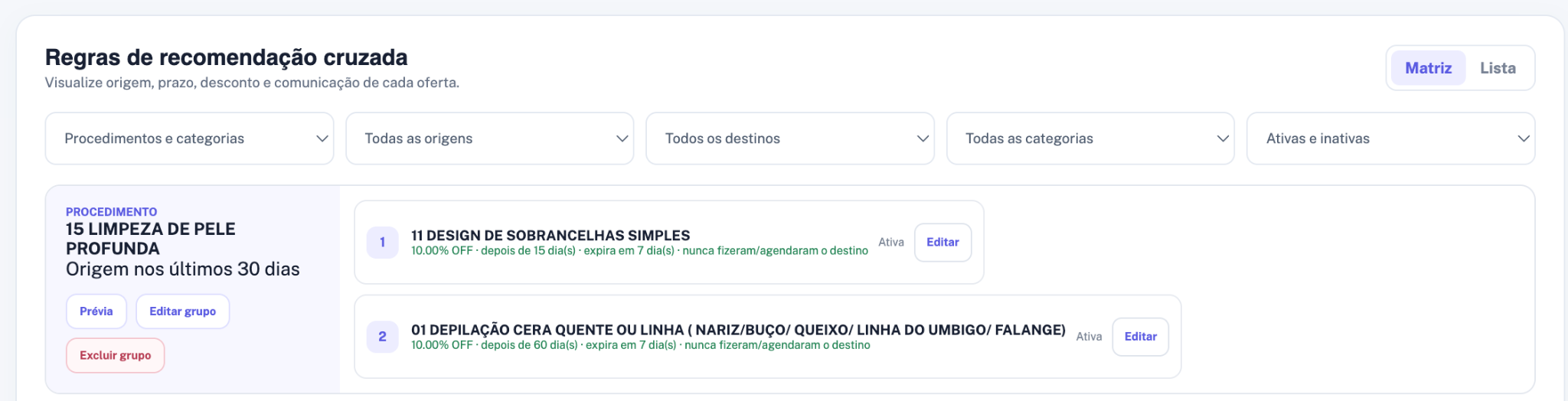 Matriz de regras de recomendação cruzada